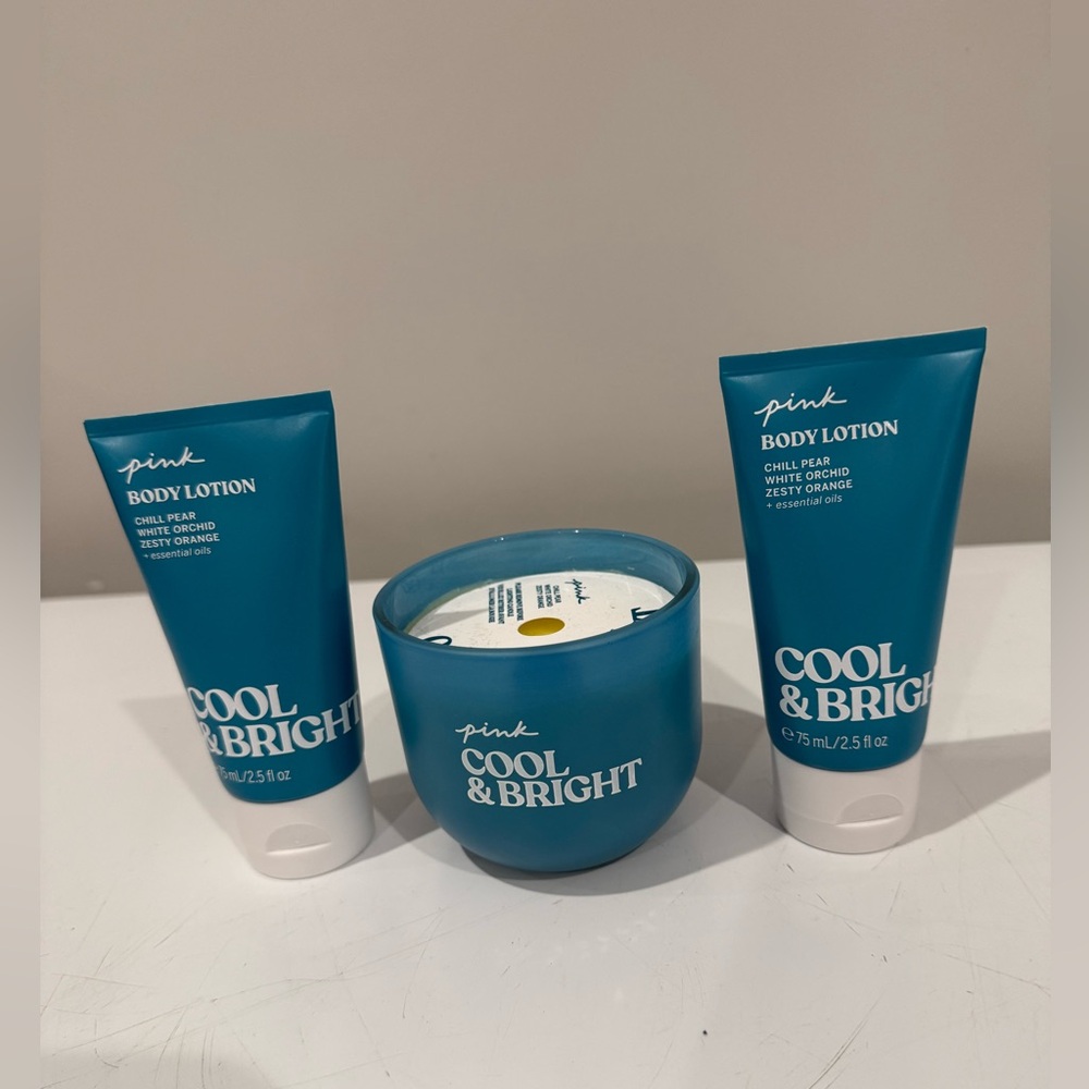 New~Victoria  Secret "PINK" COOL & BRIGHT Bundle: Body Lotions + Scented Candle